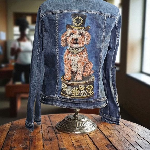 Steampunk Dog Handpainted On A Denim Jean Jacket - Picture 1 of 5